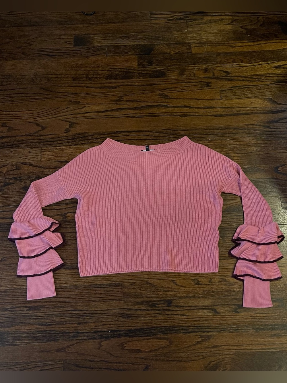 Express Pink Ribbed Knit Sweater with Tiered Ruffle Sleeves